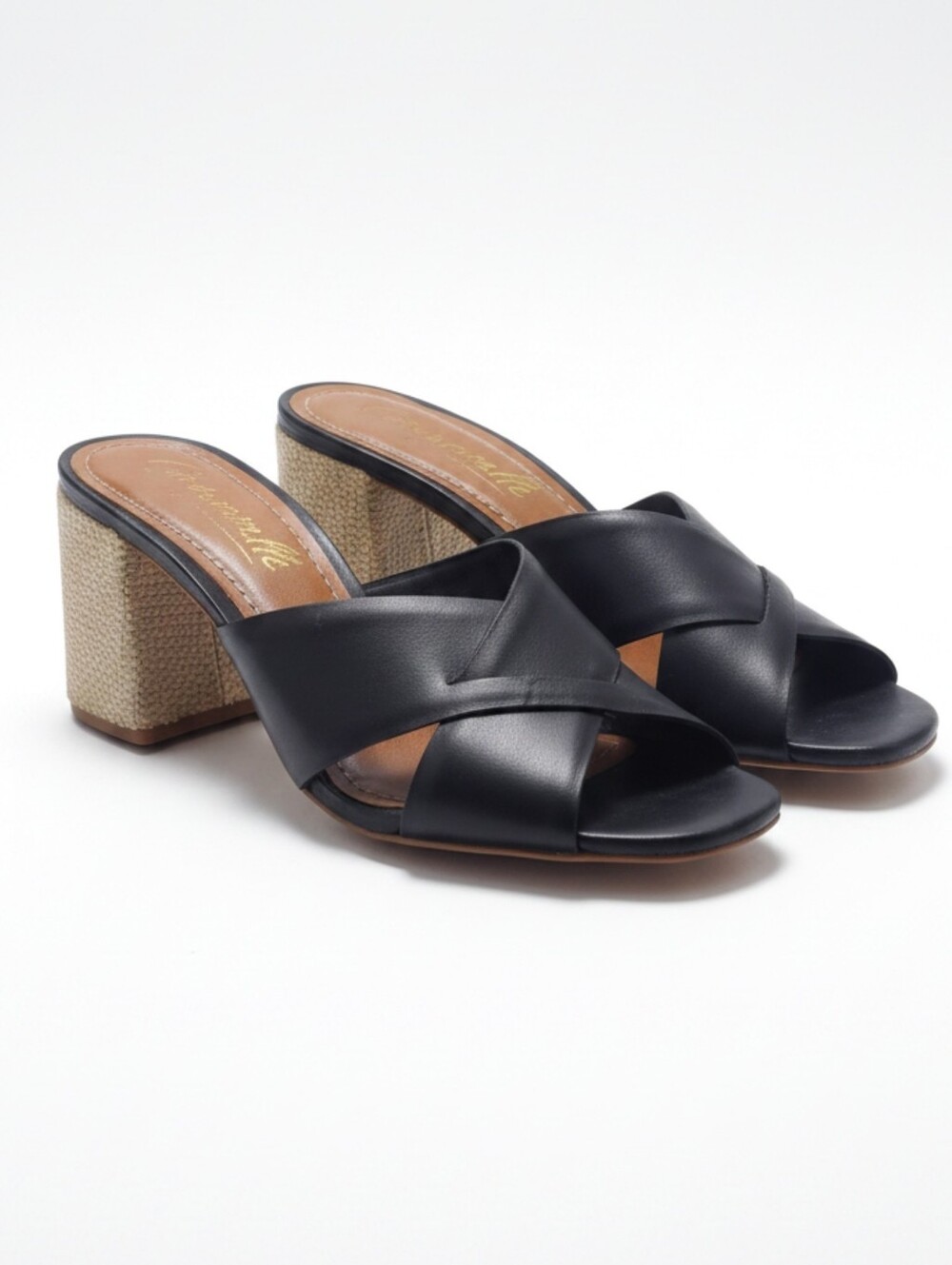 L'Intervalle Leather Mules Black Crisscross Woven Jute Chunky Heel Sandals 8